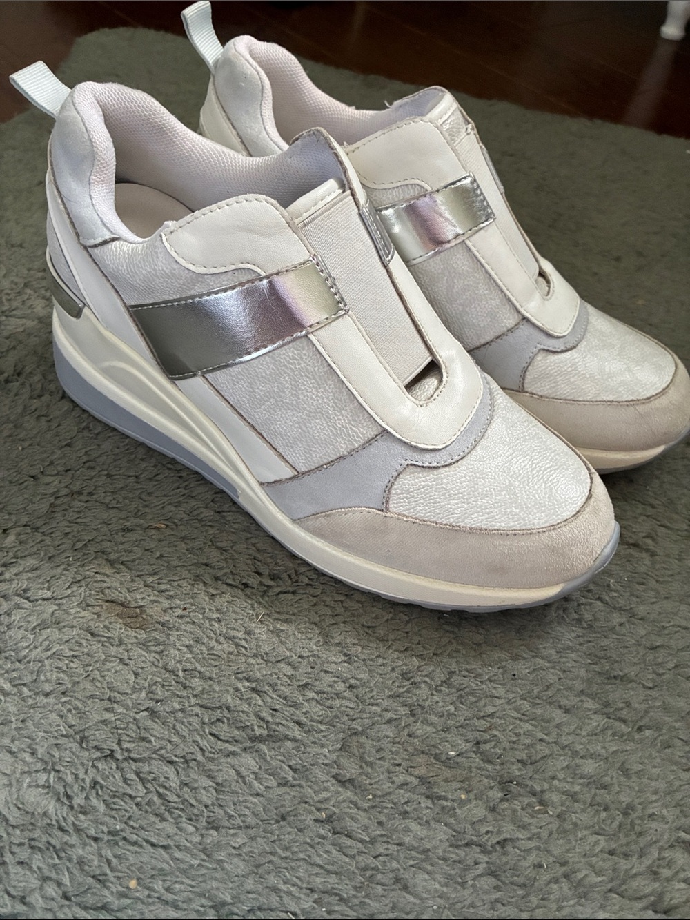 DKNY White and Silver Slip-On Wedge Sneakers